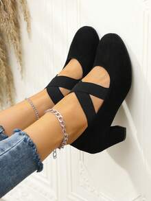 Pantofi eleganți cu toc înalt, elastici, cu barete încrucișate, pentru exterior, pentru toate anotimpurile - Negru - Vizualizare 5