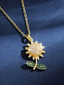 1 pieza Collar con dije de girasol dorado y cubic zirconia para madre e hija, flor tridimensional casual, regalo para mujer para fiestas, diario, viajes