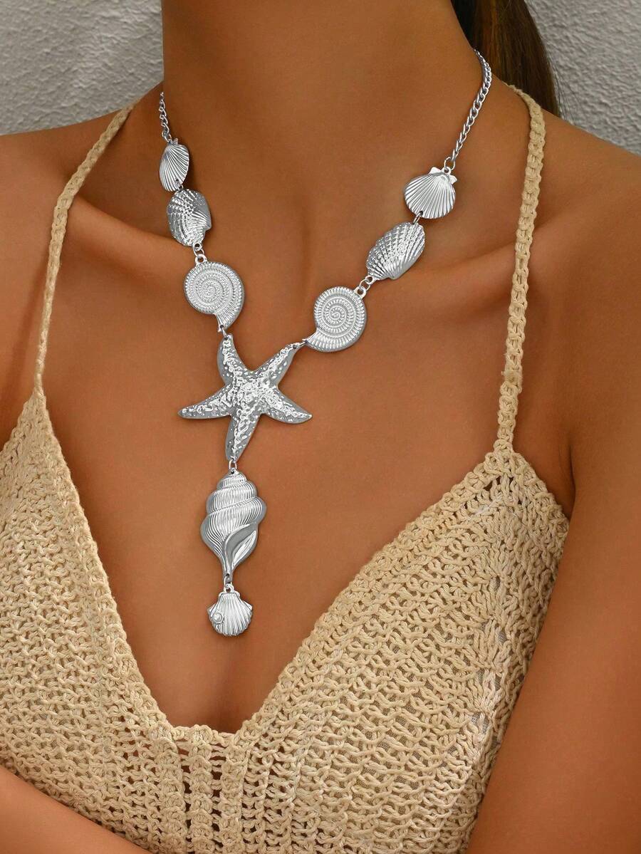 1 件不对称 Y 形贝壳和海星装饰金属项链，度假风格