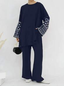 Conjunto de 2 piezas de traje suelto con diseño de puño con bordado geométrico, elegante estilo oriental de Malasia/árabe, versátil y de moda
