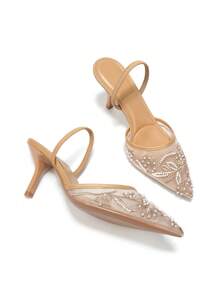 Women' Mesh Handmade Embroidered Pearl Pointed Toe Slip-On Breathable High Heel Pumps, New Bridal Versatile Party Sexy Elegant Floral Embroidered Pearl High Heel Shoes