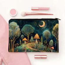 魔法森林之夜化妆包 - 万圣节礼物 - 深绿色包，带有异想天开的女巫、猫和月亮设计，拉链袋可容纳化妆品、铅笔或零食 - 送给姐妹、学生和成人的完美礼物，多用途袋 | 天体艺术 | 耐用拉链封口，大号化妆包 - 彩色 - 查看 5