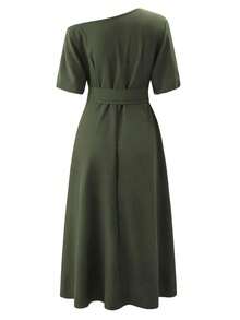 Oversized Flared Long Dress In Plain Colour With Belt For Women, Elegant Dress With Pockets, Bare Shoulders, Lrregular Hem, Fashion Vacation Dresses Summer - Army Green - View 4