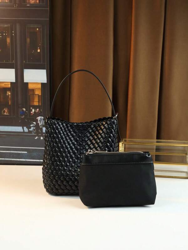 New Woven Bucket Bag With Inner Lining Detachable 2-In-1 Handbag, Practical Commuter Tote Bag