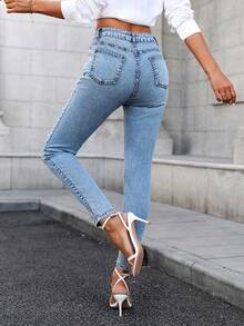 休闲弹力紧身珍珠洗水牛仔裤，百搭，时尚，优雅，性感，适合日常穿着，生日派对，旅行，舞台和音乐会，春夏季 - 藍色 - 查看 8