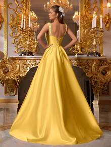 VIPGIRL 香槟粉色无袖垂褶缎面礼服，配亮片肩带和长拖尾，优雅美人鱼款女士正式礼服，舞会礼服，晚礼服，婚礼宾客礼服，奢华迷人的正式礼服 - 黃色 - 查看 2