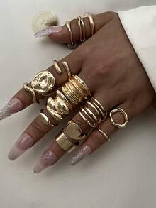 14 件/套厚几何不对称波浪液体纹理多层相交线金属风格粗戒指，时尚、简约、优雅、复古，适合节日、派对、日常佩戴、礼物 - 金黃色 - 查看 2