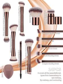 14pcs Makeup Brush And Sponge Set, Includes 12pcs Makeup Brushes With 4pcs Double-Headed Multi-Purpose Brushes, Made Of High-Quality Synthetic Fibers Covering Powder Brush, Foundation Brush, Blending Brush, Powder Brush, Blush Brush, Concealer Brush, And Eye Shadow Brush, Suitable For All Skin Types And Users. Also Includes 2pcs Makeup Sponges.,Brush Set,Makeup Brush Kit,Make Up Brush Set,Make Up Set Complete,Makeup Brush Set,Complete Makeup Kit,Brush Kit,Brushes Makeup Set,Makeup Gift Set,Set - Brown - View 3
