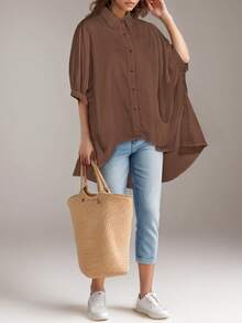Women Button Front Short Sleeve Casual Blouse, Stylish High-Low Hem Solid Color Minimalist Design For Daily Wear - Brown - View 4