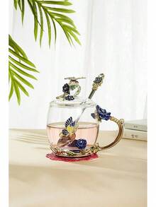 Flower Teacup Transparent Glass Teacup, (With Spoon   Lid), Fancy Tea Cups, Flower Tea Cup,Tea Cup Gift, Gifts For Women,Mother's Day Present,Gift Box. (Rose Blue High Cup) - 玫瑰藍短杯 - 查看 2