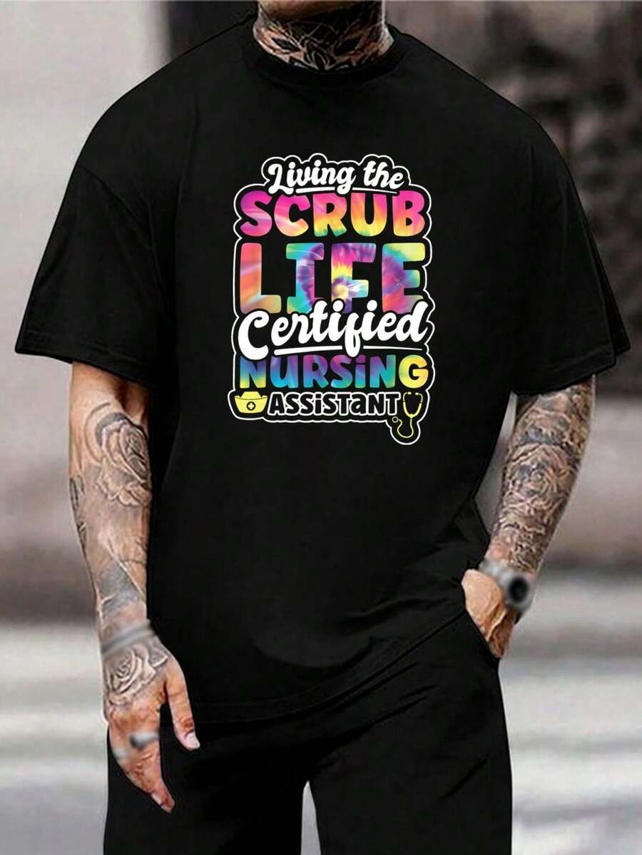 Camiseta divertida de CNA - Camiseta de trabajo con estampado tie-dye arcoíris para enfermeras y trabajadores de la salud | Regalos para asistentes de enfermería certificados | Camiseta para marido - Negro - Ver 1