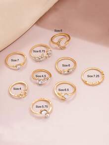 9 件套优雅简约心形、星星、月亮水晶戒指套装，可调节，适合女性节日、派对、约会、日常佩戴、礼物