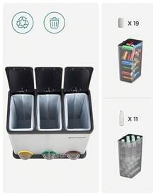 Cestino da Cucina, Pattumiera per Riciclaggio, Pattumiera Tripla a Pedale, in Metallo da 45 Litri, per Raccolta Differenziata, 3 x 15L, con Coperchio, Acciaio, Argento - Argento - Visualizzare 3