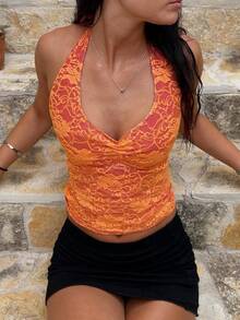 Women Lace Tank Top Halter Tie Back Camisole Sleeveless Crop Shirts Going Out Summer Streetwear - 橘色 - 查看 8