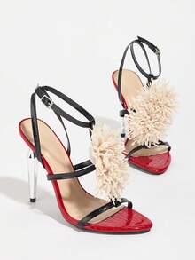 春夏女士高跟鞋，时尚优雅派对高跟鞋，户外场合细高跟鞋，圆头撞色装饰花卉亮面金属凉鞋，适合婚礼、派对、办公室、户外等各种场合，四季皆宜 - 紅色 - 查看 5