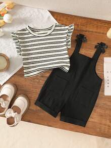 Baby Girl Striped Print Short Sleeve T-Shirt And Black Suspender Jumpsuit Casual Set - Apricot - View 1