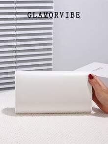 1 pieza Bolso de embrague de cuero blanco elegante y de moda para mujer, decoración de asa brillante, correa de hombro desmontable de cadena metálica, diseño con solapa, adecuado para fiesta, boda romántica, baile de graduación, discoteca, regalo de cumpleaños, combinación con vestido, Día de San Valentín, regalo de vacaciones - Blanco - Ver 8