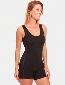 Swimsuit Water Aerobics Swimming Side Stripe + Simple Cap Backless / Backless Beach Holidays - Black/Purple - View 3