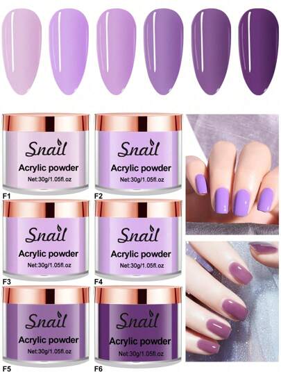 6 Colors Purple Acrylic Powder, Acrylic Powder Large Capacity Professional Acrylic Nail Powder, For Nail Acrylic Extension, Nail Carving, Lasting, Suitable For Beginners And Salons.