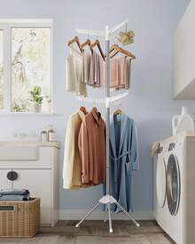 SONGMICS HOME Clothes Airer, Clothes Drying Rack With 6 Rotatable Arms For Hangers, 4-Leg Indoor Folding Laundry Rack, Stainless Steel, For Clothes And Socks, 191 Cm High, White And Silver - 白色和銀色 - 查看 1