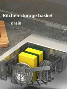 1个塑料水槽收纳架，带皂盒、排水塞、海绵架，多功能防锈储物篮，壁挂式置物架，适用于厨房和浴室，黑/灰色 - 彩色 - 查看 1