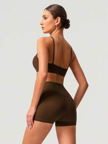 Sodalemon Women 2Pcs Fitness Sets Backless Padded Sport Bra No Front Seam Outdoor Cycling Shorts Elastic Gym Training Sport Set - màu nâu - Xem 5