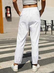 Lanwont Women's Linen Trousers Summer Casual High Waist Drawstring White Beach Pants - 白 - 查看 3
