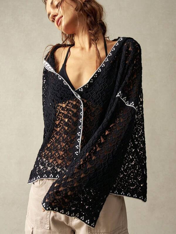 [Tops] Women's Black Lace Hollow Out Hooded Sweatshirt, Sexy See-Through Design, Casual Vacation, Elegant Versatile