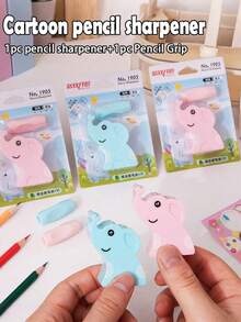 1 件可爱大象铅笔刀 + 铅笔握把，迷你随身携带，连续铅笔芯到铅笔刀，适用于标准和粗铅笔，卡通形象，不锈钢刀片学校用品，返校 - 彩色 - 查看 1