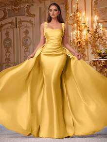 VIPGIRL 香槟粉色无袖垂褶缎面礼服，配亮片肩带和长拖尾，优雅美人鱼款女士正式礼服，舞会礼服，晚礼服，婚礼宾客礼服，奢华迷人的正式礼服 - 黃色 - 查看 7