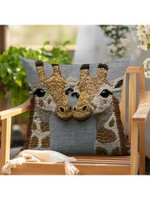 1pc Super Soft Short Plush Single-Sided Printed Throw Pillow Cover, 18" X 18", Non-Embroidered, "Giraffe Day Lets Us Connect" Design, Square Cushion Cover For Sofa Bed Bedroom Car Living Room, No Filler