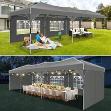 tooluck 10x30ft Pop Up Canopy Tent Gazebo For Parties With 5 Sidewalls Push Center Lock & Air Vent Waterproof & UPF50+ Gazebo Outdoor Tent For Party Wedding BBQ With 4 Sandbags 8 Stakes & 16 Ropes,Grey - 灰色 - 查看 2