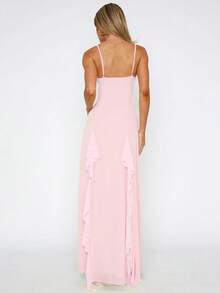 WOWDARK 女士秋季度假荷叶边V领吊带连衣裙，侧开衩长裙，优雅女士粉色连衣裙，女士音乐会服装，派对连衣裙，浪漫假日连衣裙，休闲办公街头连衣裙 - 粉色 - 查看 4