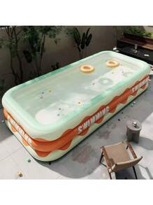 Foldable Inflatable Swimming Pool For Home Use, PVC Material With Waved Edge "Swimming" Print - Ideal Choice For Outdoor Patio And Garden Entertainment. Can Be Used By 1-7 People, Perfect For Backyard Splashing, Family Pool Party. Available In 5 Sizes, With PVC Material And Drain Plug At The Bottom