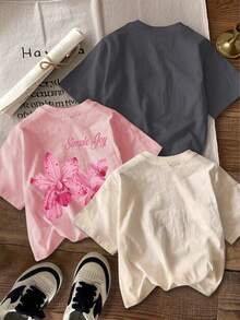 Set de 3 camisetas de mujer de manga corta y cuello redondo, con estampado floral, de uso diario y casual, sencillas y de moda
