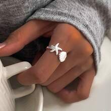 1pc 925 Silver Starfish & Shell Design Ring, Suitable For Summer Beach, Party, Daily Wear, Gift For Friends And Family - Silver - View 7