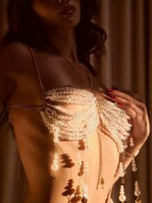 Fringe Pearl Beaded Bralette Bra Body Chain Jewelry Festivel Rave Summer Beach Party Club Top - White - View 3