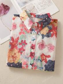 Women's All-Over Floral Print Long Sleeve Blouse - Front Button Shirt Top For Festival, Evening Date Night, Travel & Daily Wear, Versatile All-Season