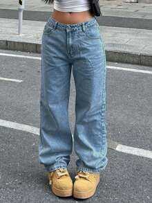 女士休闲浅色水洗阔腿牛仔裤，适合日常穿着，春季款 - 中等水洗藍 - 查看 8