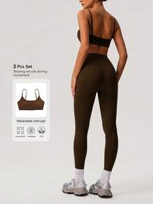 Sodalemon 女士纯色加厚运动文胸和瑜伽紧身裤两件套，简约设计，适合夏季健身训练。 - 棕色 - 查看 2