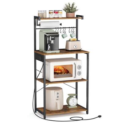  VASAGLE Kitchen Bakers Rack With Power Outlet, 4-Tier Coffee Bar With Adjustable Shelf, Microwave Stand, Paper Towel Holder, 40 X 60 X 140 Cm, Rustic Brown And Ink Black
