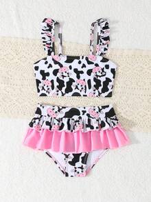 Young Girl Cow Print Ruffle Trim Bikini Set - Multicolor - View 2
