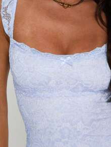 Vestido mini ceñido elegante y de moda con diseño de lazo en los tirantes con volantes y encaje - Morado - Ver 9