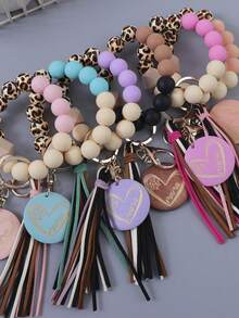 6-Piece Set Of Western Style Leopard Print Wooden Beads, Solid Color Silicone Bead Beads, Korean Velvet Tassel, Colorful Heart Wood Chips, Charm Wrist Keychains, Bag Pendants, Accessories, Keys, Car Keys, Anti Lost Women's Bracelets, Give As Birthday Gifts To Friends, Relatives, And Friends - Nhiều màu - Xem 4