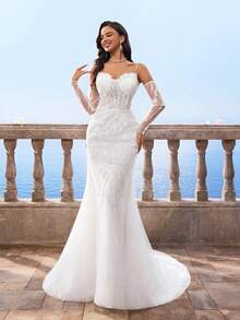 Elasola HEARBOBO Romantic Elegant Noble & Cute White Lace Appliques Mermaid Wedding Dress With Train,Suitable For Beach,Lawn Wedding Party Elegant - White - View 6