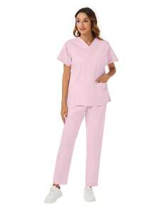 2Pcs Simple Plain Batwing Sleeve Top & Pants Scrub Uniform Set - Dusty Pink - View 6