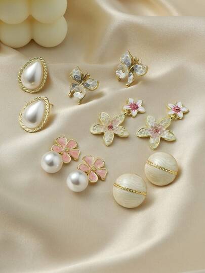 5 件/套简约优雅春夏水晶蝴蝶和花朵滴油仿珍珠泪珠耳环，别致精致的耳环首饰套装，适合女性日常和节日佩戴