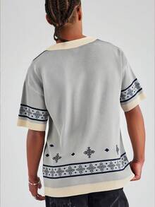 Herren Vintage Lässig Loose Jacquard Polokragen Kurzarm Strick Cardigan Top, Frühling/Sommer - Aprikosenfarben - Übersicht 2