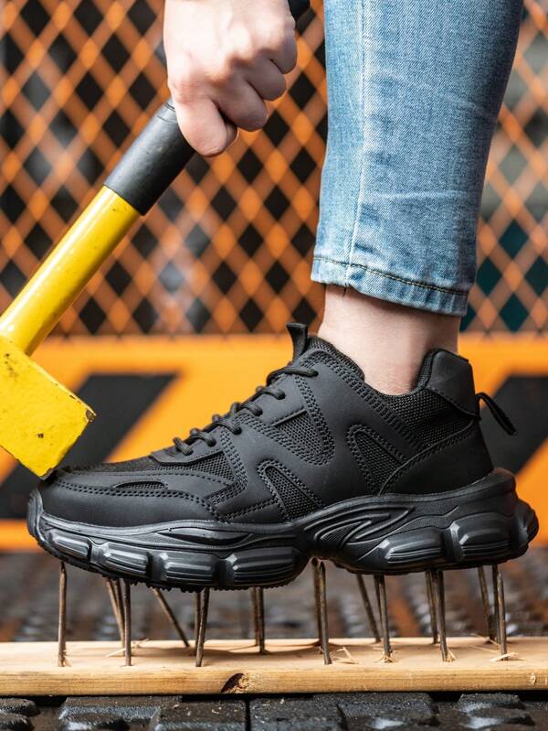 1 Paar Sicherheitsarbeitsschuhe Sneakers für Frauen mit punktsicherer gestrickter Oberfläche, leichter Stahlkappe, atmungsaktiv für alle Jahreszeiten, unzerstörbarer EVA-Sohle, schwarz, handwaschbar, Mikrolfaser- und Stofffutter
