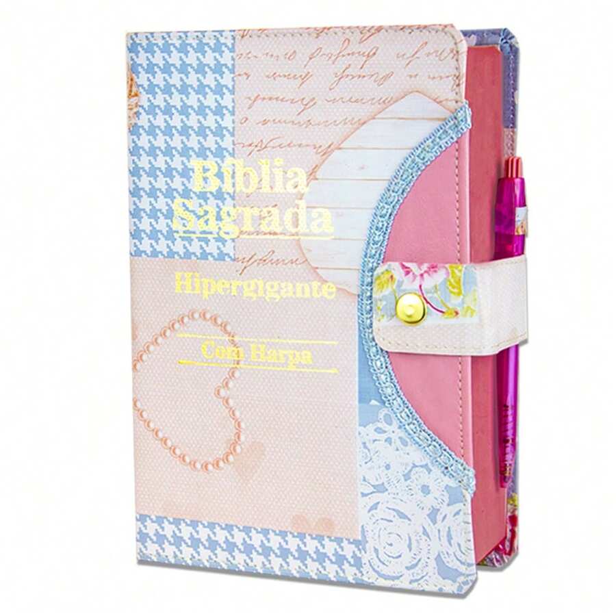 Bíblia Sagrada HIpergigante Botão Coração Azul C/ Harpa